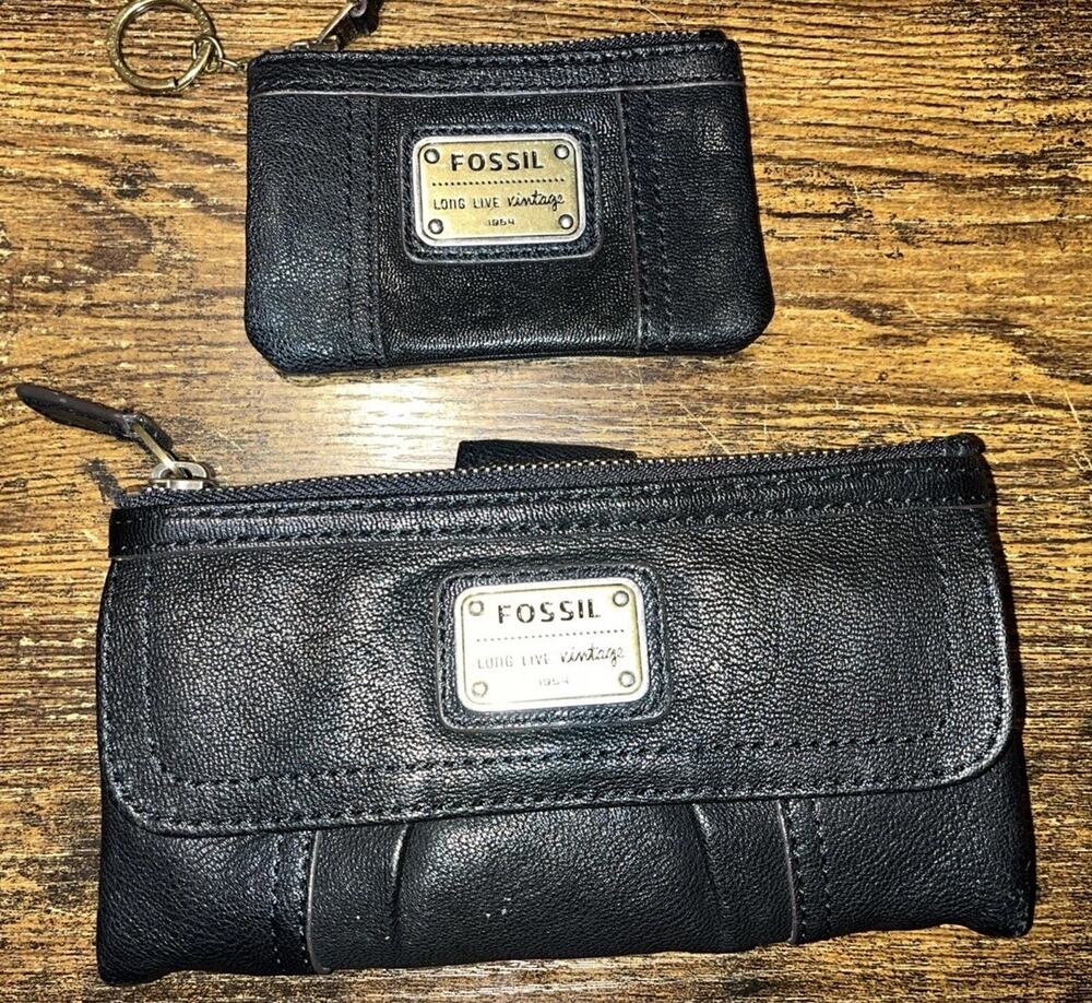 Fossil Emory Fiocchi Italy ID keyring black leather & matching Clutch Wallet SET